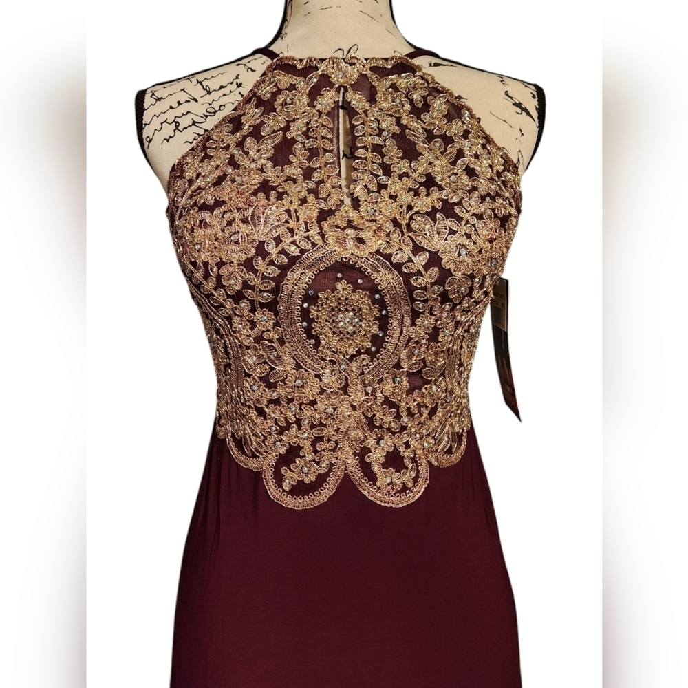 Blondie Nites By Stacy Sklar Corded Lace Filigree Ilusion Bodice Sheath Gown - Picture 7 of 15